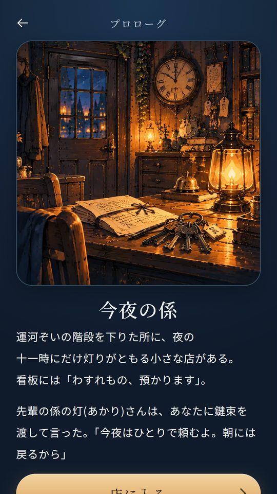 プロローグの画面。灯りのともる帳場と鍵束の絵